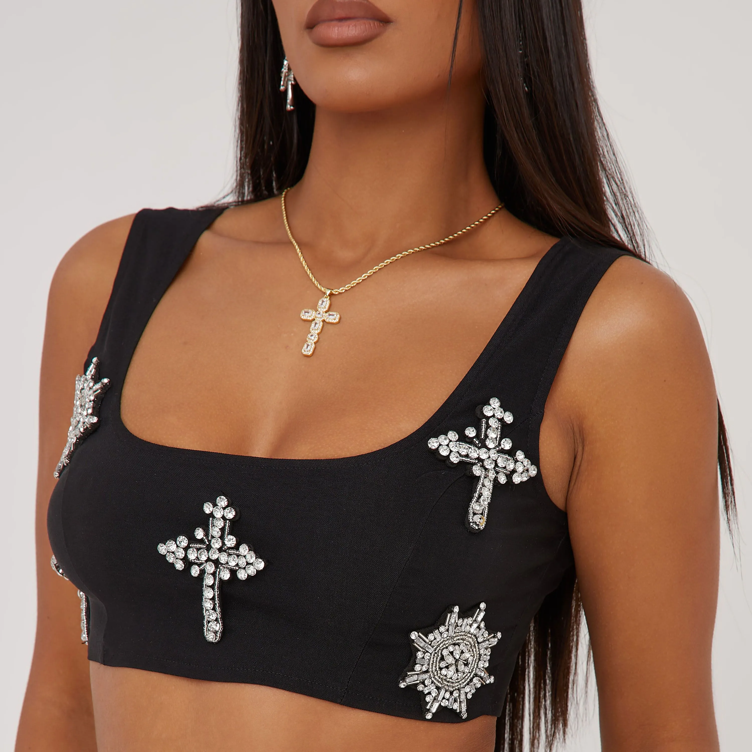 Square Neck Embellished Crucifix Detail Crop Top In Black