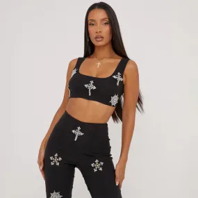 Square Neck Embellished Crucifix Detail Crop Top In Black