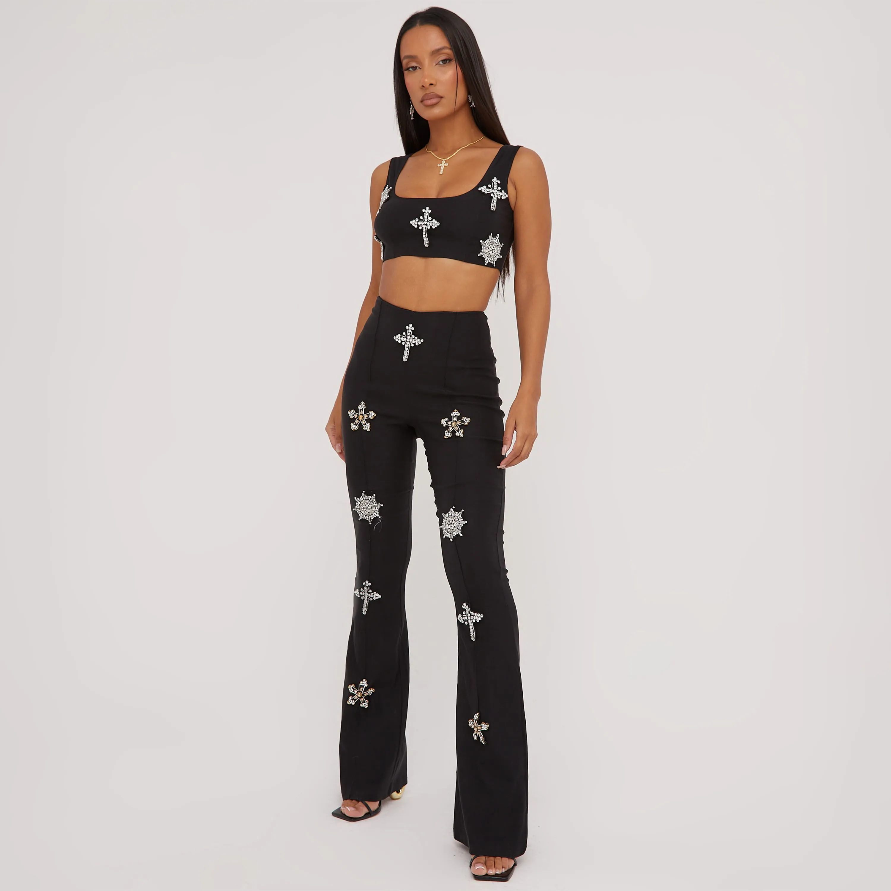 Square Neck Embellished Crucifix Detail Crop Top In Black