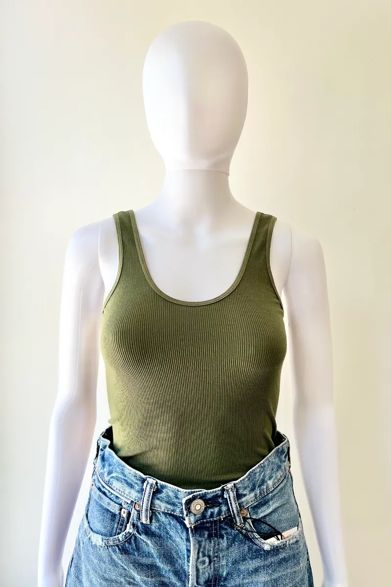 Stretch Silk Knit Tank - Dark Olive