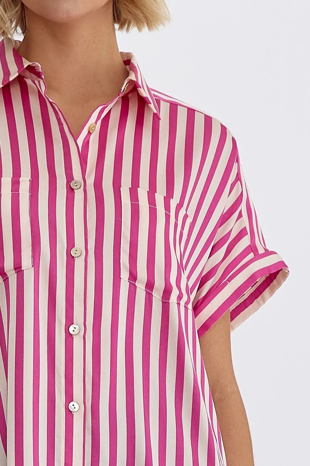 Striped Collared Button Up Short Sleeve Top