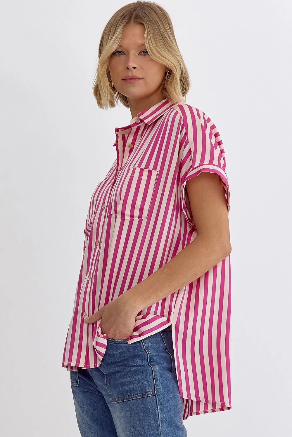 Striped Collared Button Up Short Sleeve Top