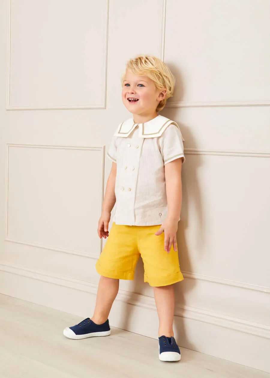 Striped Mariner Collar Short Sleeve Shirt in Beige (12mths-3yrs)