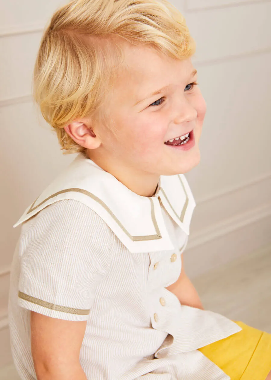 Striped Mariner Collar Short Sleeve Shirt in Beige (12mths-3yrs)