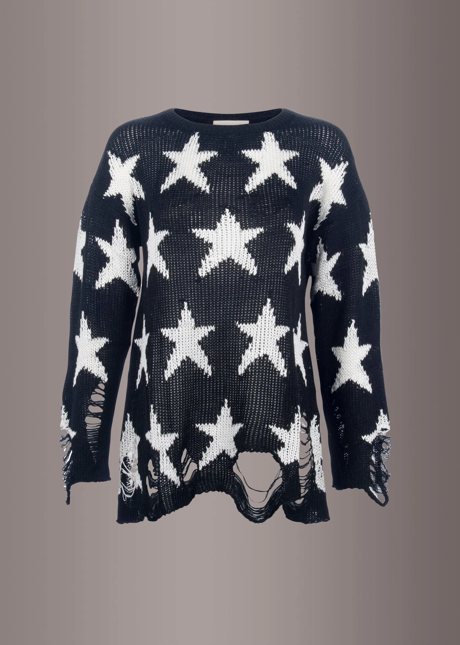 Supernova Long Sleeve Distressed Star Knit Sweater