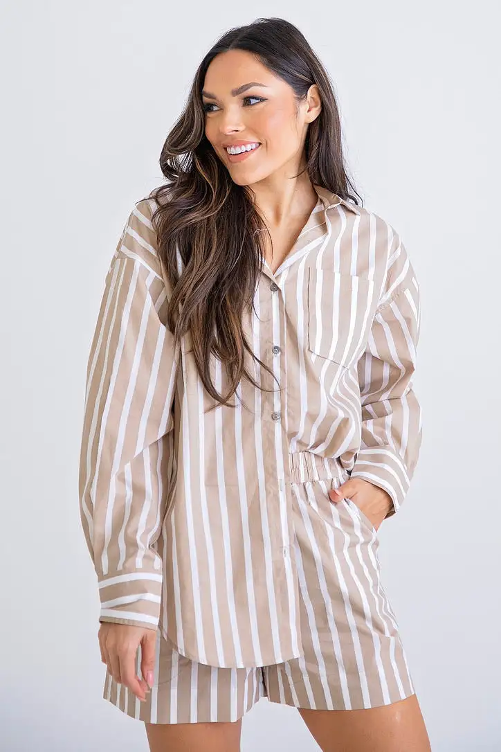 Tan Stripe Button Up Set