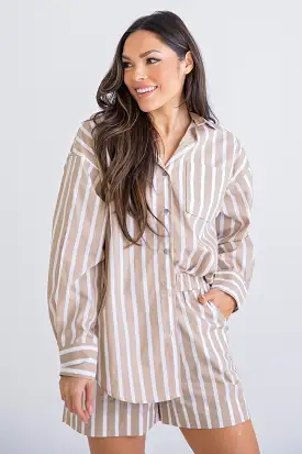 Tan Stripe Button Up Set