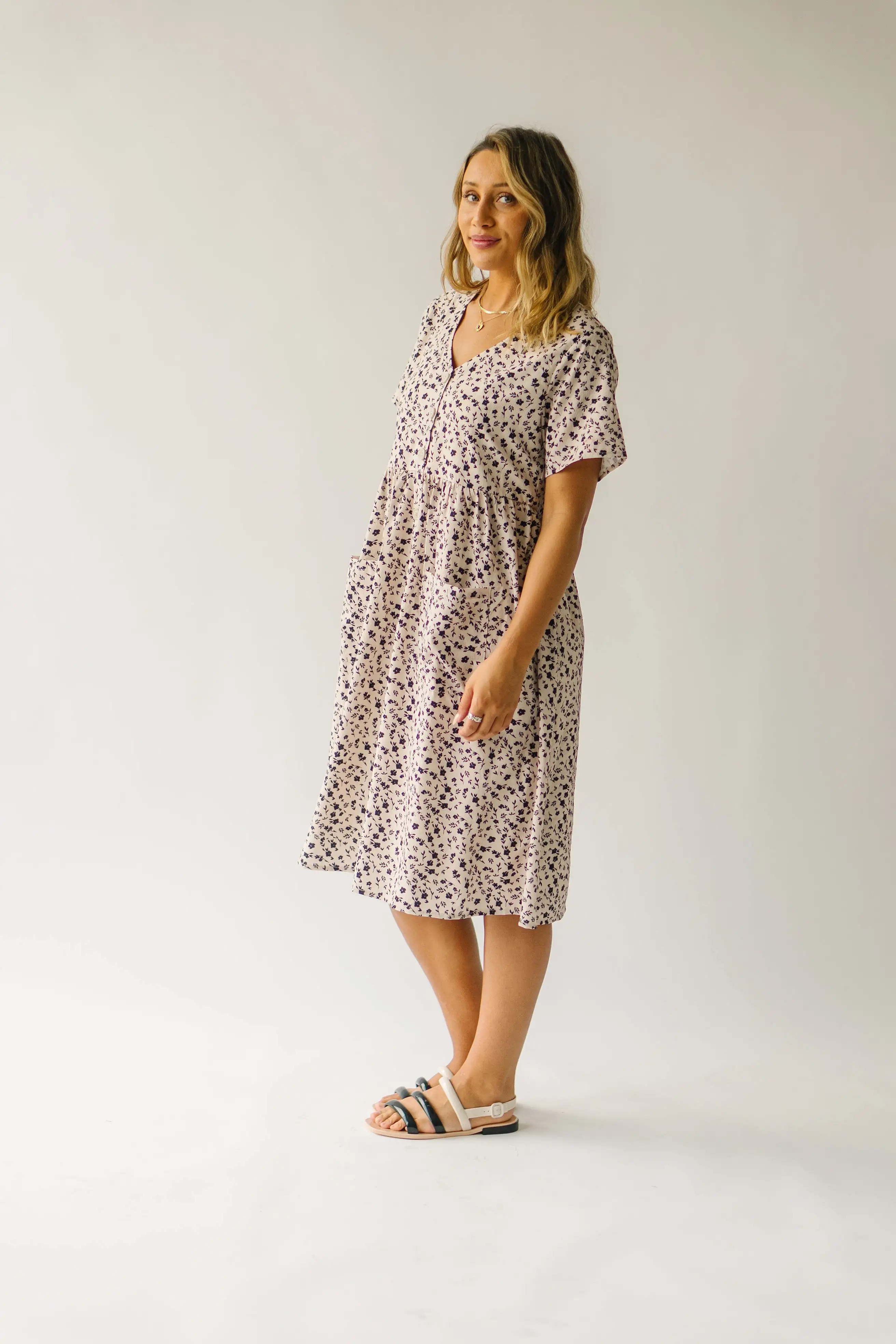 The Boice Button Front Dress in Beige Multi