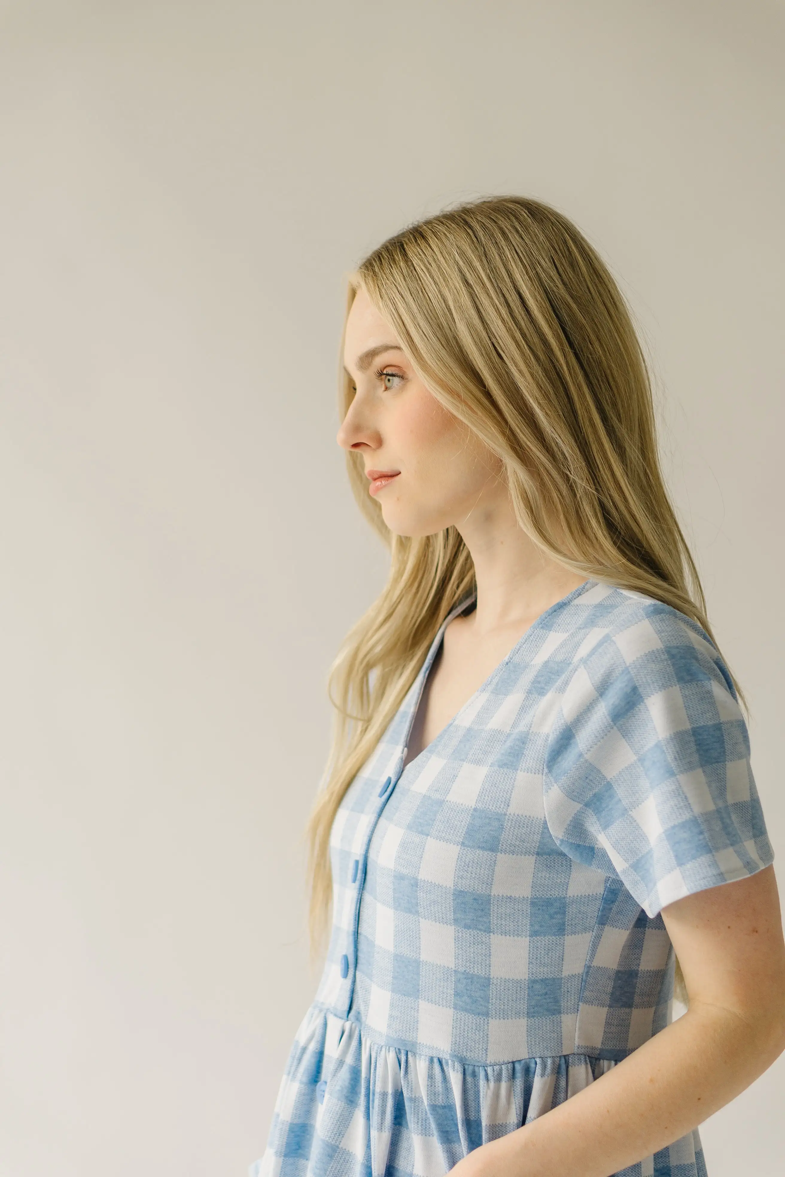 The Boice Button Front Gingham Dress in Blue Mutli