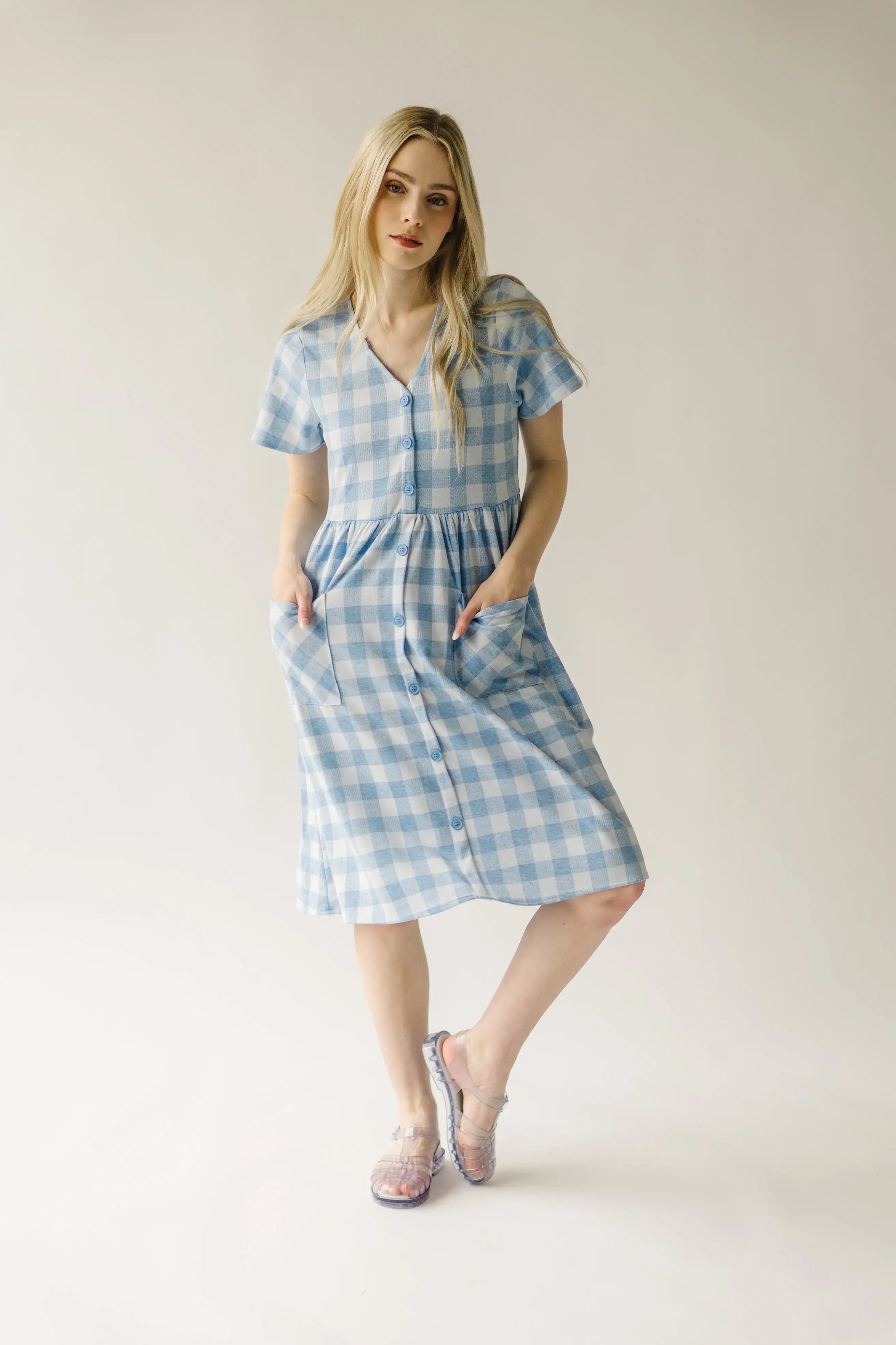 The Boice Button Front Gingham Dress in Blue Mutli