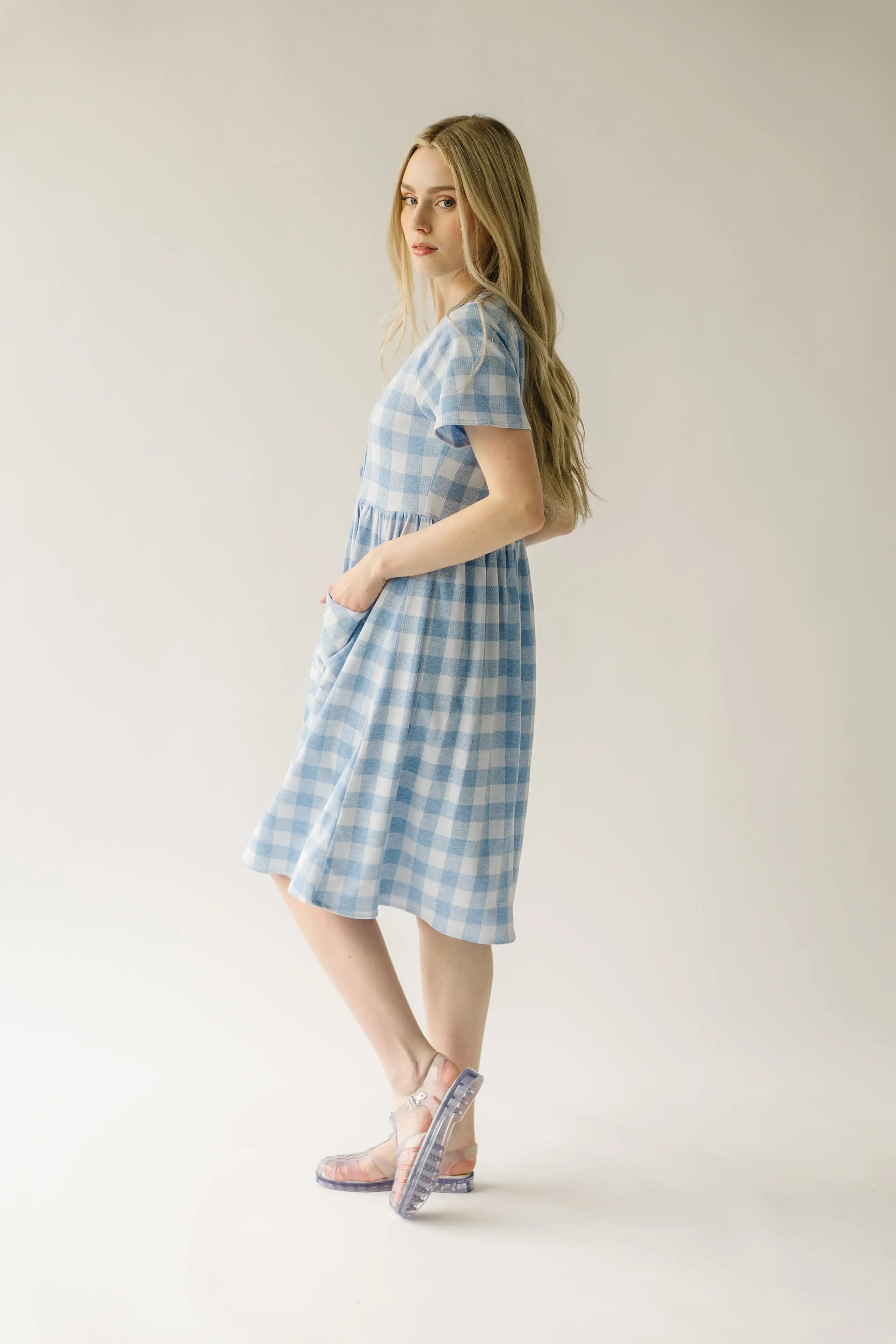 The Boice Button Front Gingham Dress in Blue Mutli