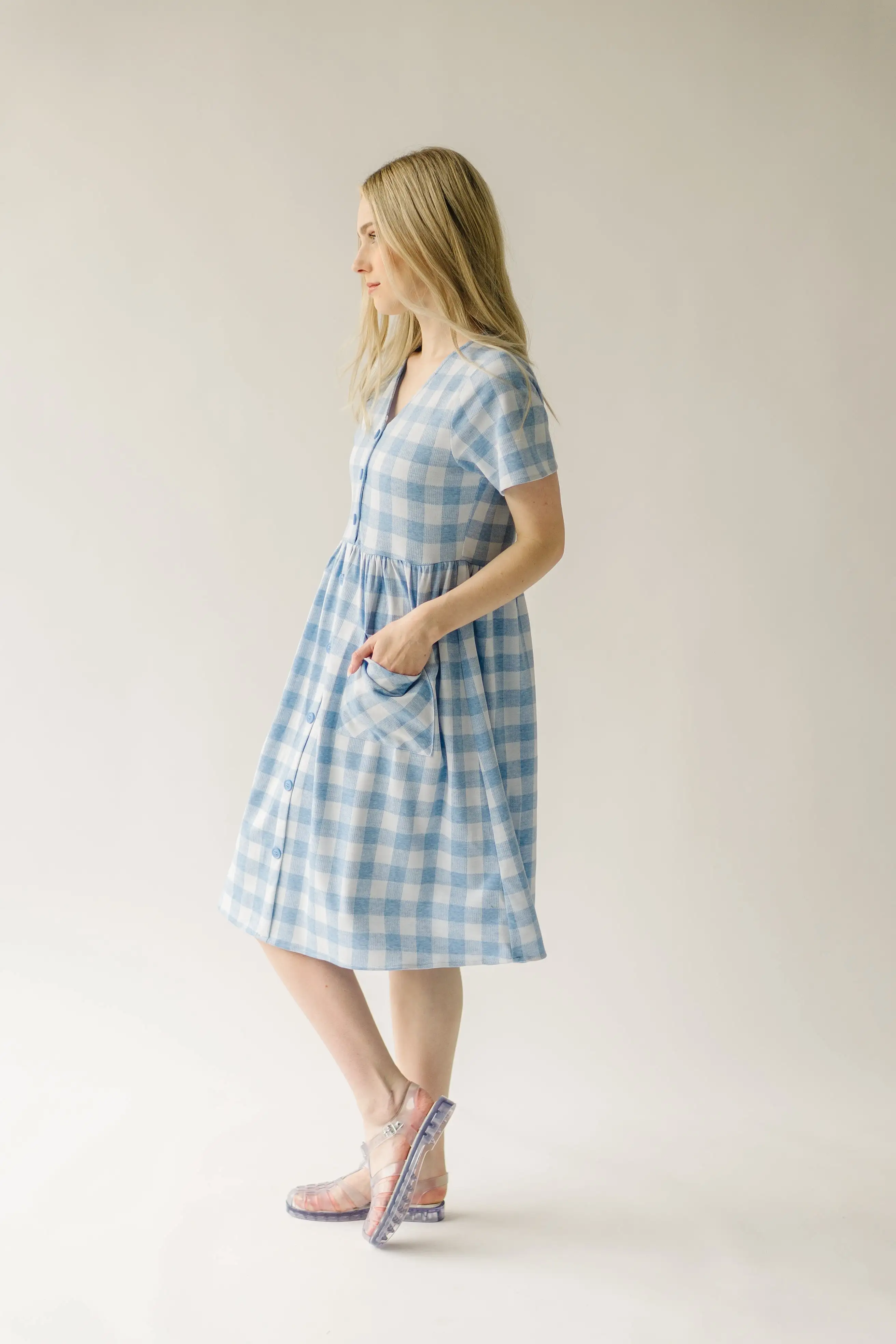 The Boice Button Front Gingham Dress in Blue Mutli