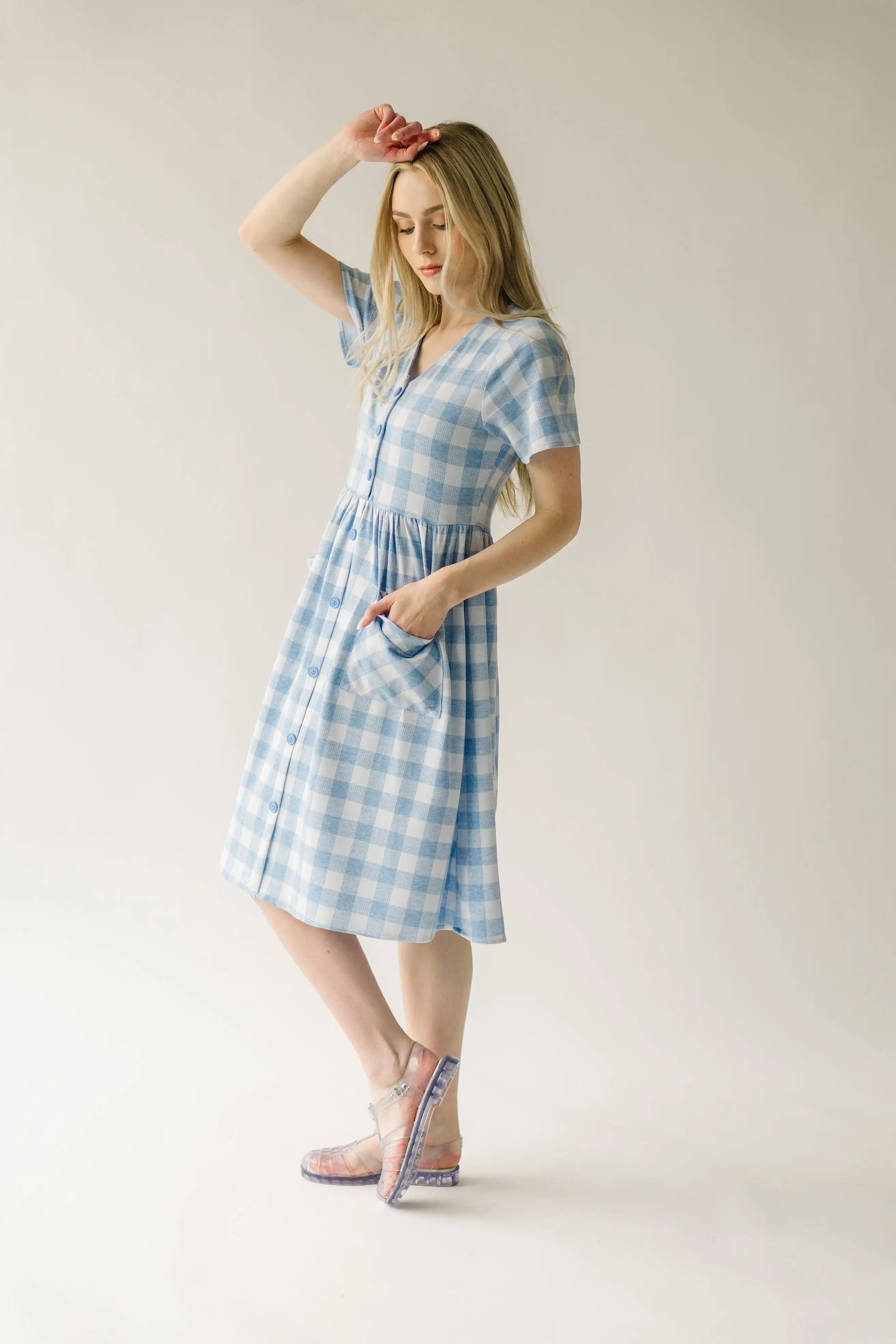 The Boice Button Front Gingham Dress in Blue Mutli