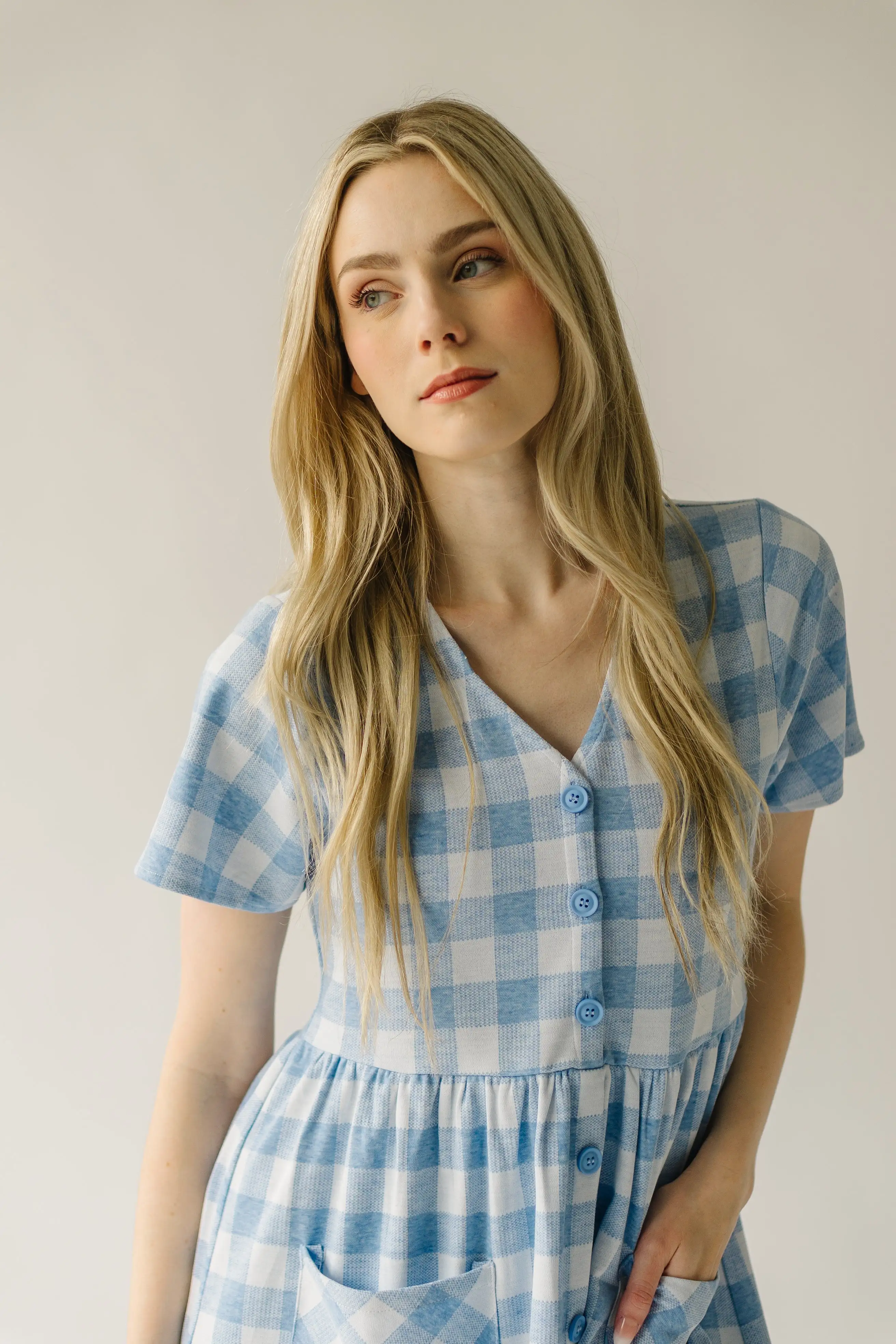 The Boice Button Front Gingham Dress in Blue Mutli