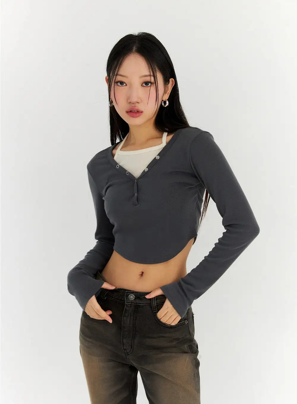 V-Neck Buttoned Crop Top CN315