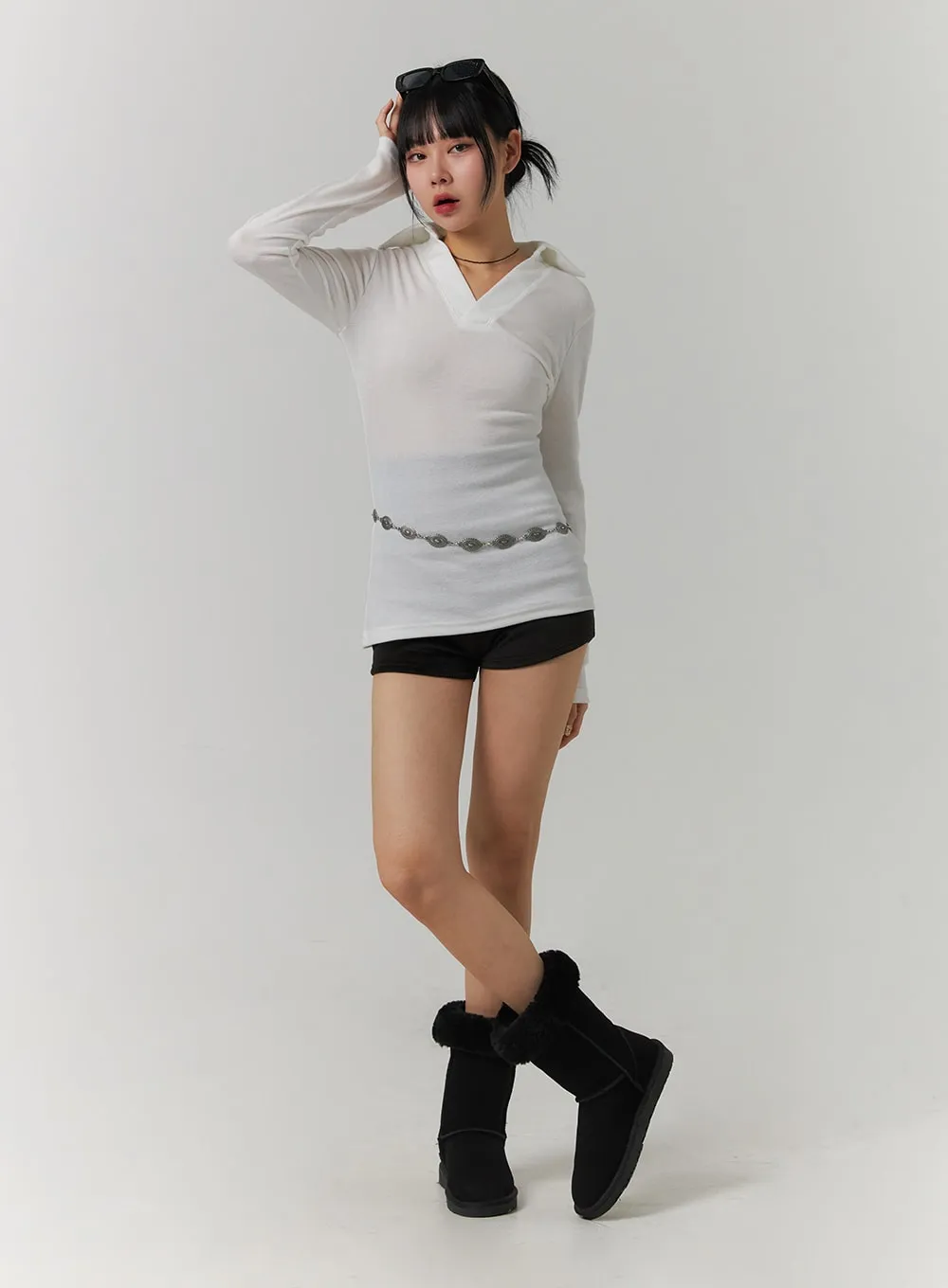 V-Neck Collar Long Sleeve Tee CJ419