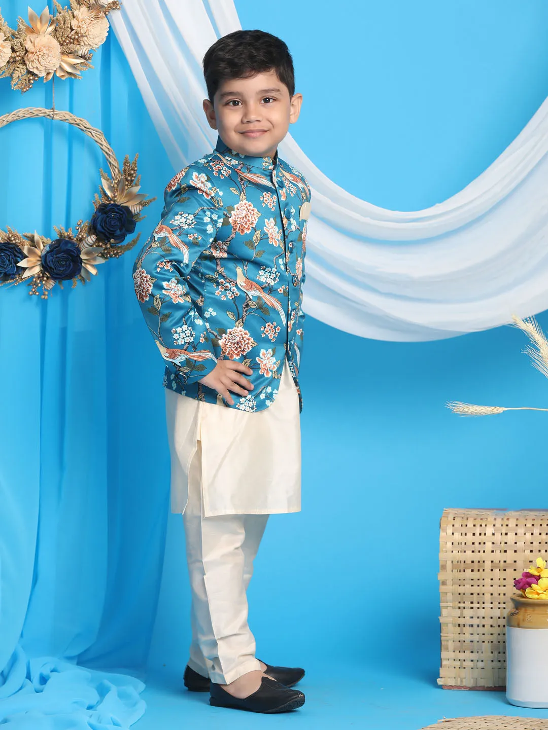 VASTRAMAY Floral Printed Turquoise Blue Bandhgala Prince Coat Jodhpuri With Cream Kurta Pyjama Set