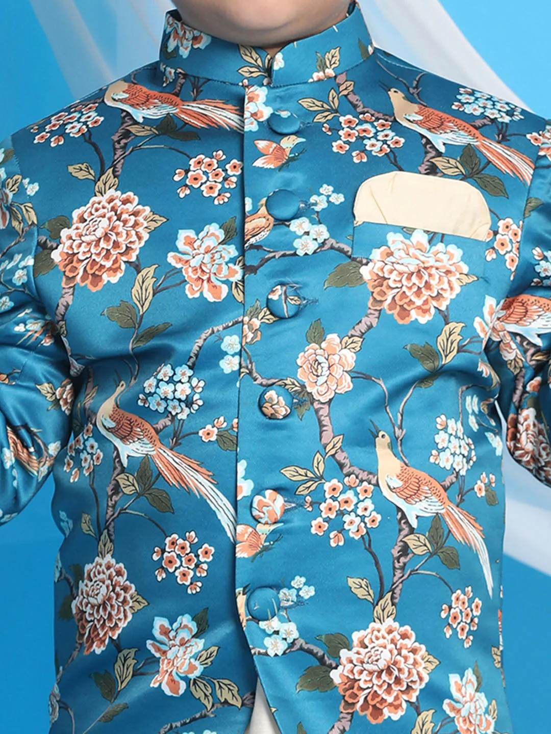 VASTRAMAY Floral Printed Turquoise Blue Bandhgala Prince Coat Jodhpuri With Cream Kurta Pyjama Set