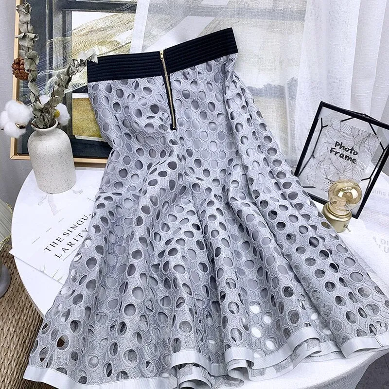 Woman Elegant Midi Skirt Office Lady Zipper A Line Hollow Out Lace Elastic High Waist Skirts