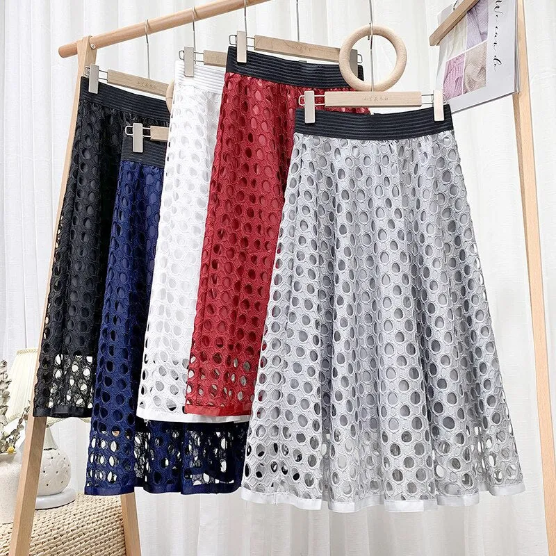 Woman Elegant Midi Skirt Office Lady Zipper A Line Hollow Out Lace Elastic High Waist Skirts