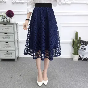 Woman Elegant Midi Skirt Office Lady Zipper A Line Hollow Out Lace Elastic High Waist Skirts