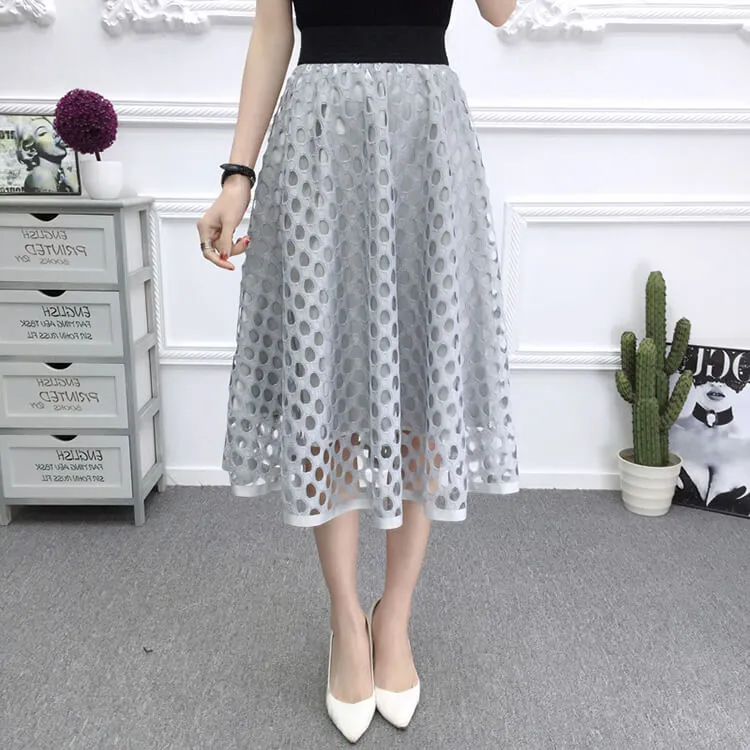 Woman Elegant Midi Skirt Office Lady Zipper A Line Hollow Out Lace Elastic High Waist Skirts