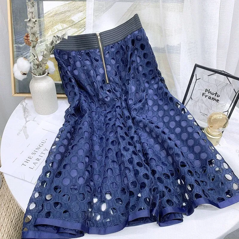 Woman Elegant Midi Skirt Office Lady Zipper A Line Hollow Out Lace Elastic High Waist Skirts