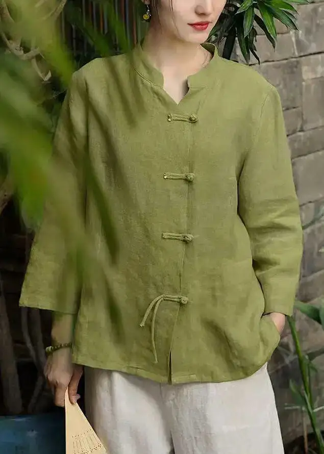 Women Green Stand Collar Button Linen Coats Long Sleeve CG1040