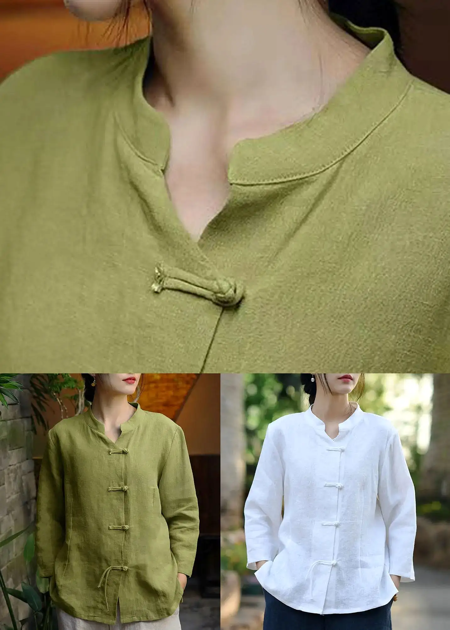 Women Green Stand Collar Button Linen Coats Long Sleeve CG1040