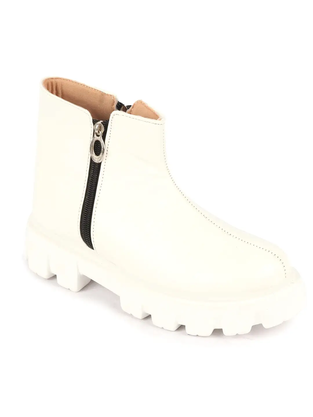 Women White Outdoor High Top Chunky Side Zipper Office Work Boots