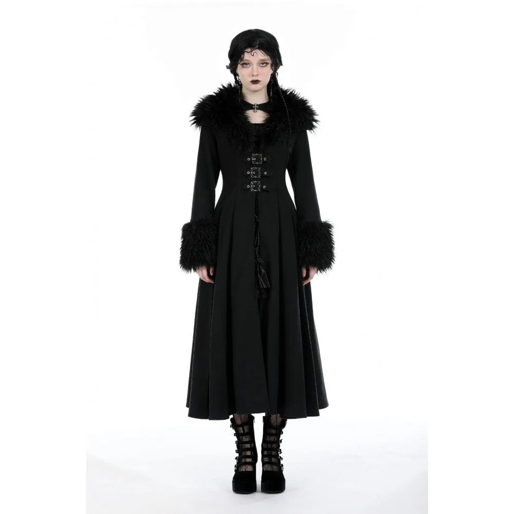 Women's Gothic Buckle Draped Coat with Faux Fur Collar