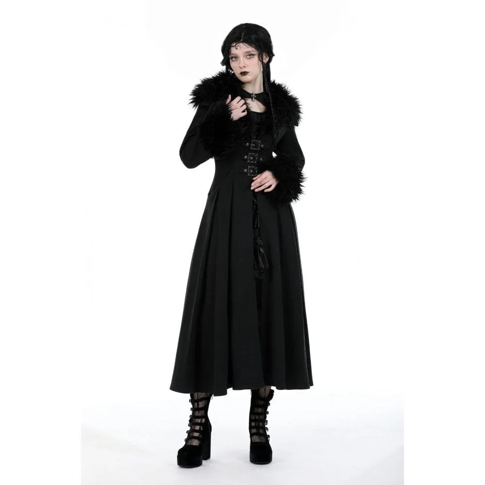 Women's Gothic Buckle Draped Coat with Faux Fur Collar