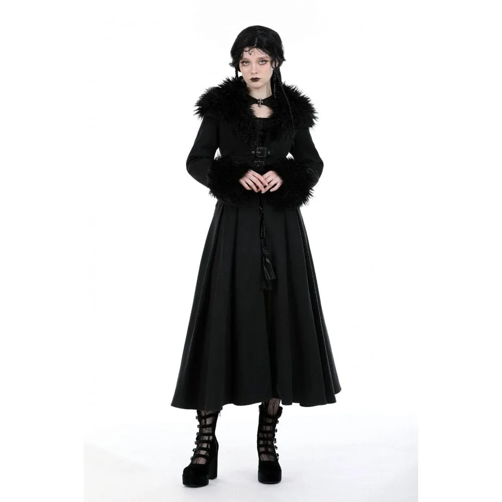 Women's Gothic Buckle Draped Coat with Faux Fur Collar