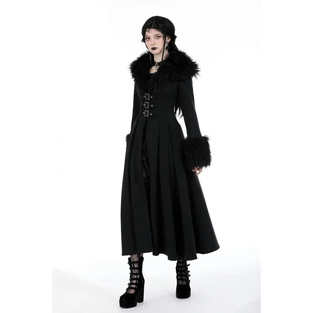 Women's Gothic Buckle Draped Coat with Faux Fur Collar