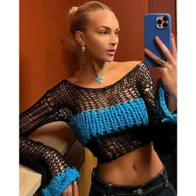 Women's Sexy O Neck Full Sleeves Hollow Out Knitted Crochet Crop Top