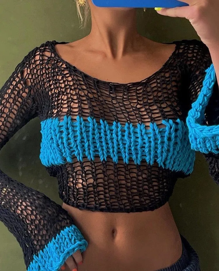 Women's Sexy O Neck Full Sleeves Hollow Out Knitted Crochet Crop Top